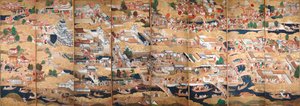 Osakazu Byobu - Japans kamerscherm met acht panelen (schilderij) door Japanese School