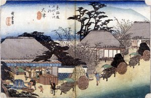 Boeren die een dorp oversteken met hun karren - Japanse prent