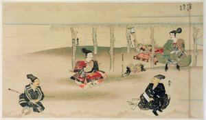 Samurai Takezaki levert de hoofden van twee Mongoolse indringers aan Adachi Morinume tijdens de Mongoolse invasie van Japan in 1274, illustratie uit Kokka magazine, mei 1921