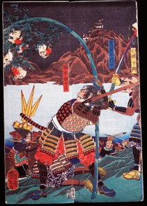 Samurai die de Afgehakte Hoofden van hun Vijanden op Bamboestokken Tonen, sewamono (huishoudelijk spel)