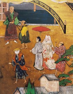 De Aankomst van de Portugezen in Japan, detail van een straatscène, van een Namban Byobu-scherm, 1594-1618