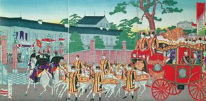 Keizer Mutsuhito (1852-1912) keert terug naar zijn paleis in Tokio, eind 19e eeuw
