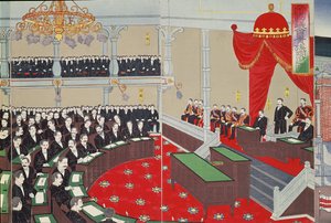Het parlement in Tokio, eind negentiende eeuw (kleur houtsnede)