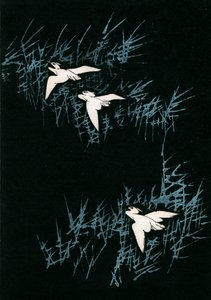 Drie Kraanvogels in een Zwart Landschap door Japanese School