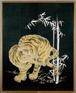 Tijger en bamboe, motief op twee deurs katoenen scherm (byobu), rijstzetmeel en indigo gedoopt met pigmenten, Japanse beschaving, Meiji-Taisho periode door Japanese School