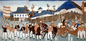 Drieluik toont een parade van buitenlanders, Yokohama, in een open koets getrokken door paarden en geleid door een man die de sterren-en-strepen draagt, en een militaire band, 1861. Utagawa Yoshigawa (actief 1850-1870) door Japanese School