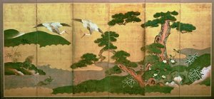 Twee kraanvogels duiken achter dennen en rotsen, Edo-periode door Japanese School