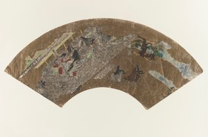 Untitled - waaiervormige schilderij van dames die in een paviljoen zitten en een spel spelen, 1603-1868