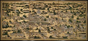 Gezicht in en rond Kyoto (Rakuchu rakugai zu), ca.1616-24 (inkt, kleur  bladgoud op papier)