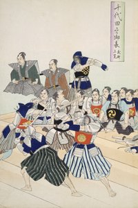 Krijgsheer kijkt naar Samurai die zwaardvechten oefenen (detail)