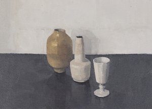 Stilleven met drie objecten, 2024 (olieverf op papier)