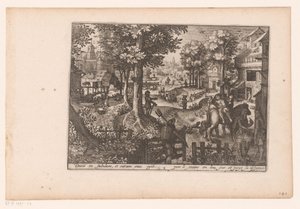 Landschap met het verhaal van de barmhartige Samaritaan: de aankomst bij de herberg