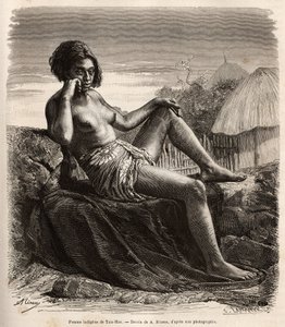 Inheemse vrouw van Taio-Hae, Marquises, toont haar getatoeëerde benen. Gravure naar een tekening van A. Rixens. door Jean Andre Rixens