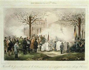 De begrafenis van Louis-Alexandre Dechet (Jenneval) en zijn metgezellen die stierven op het ereveld, 24 oktober 1830, gegraveerd door Dewasme-Pletinckx door Jean Baptiste (after) Madou