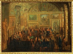 Zicht op de Salon de Diane in het Louvre;een zitting van de Academie voor Schilderkunst ... door Jean Baptiste (after) Martin