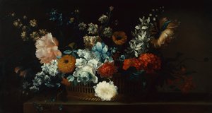 Pioenen, chrysanten en andere bloemen in een mand door Jean Baptiste Belin de Fontenay