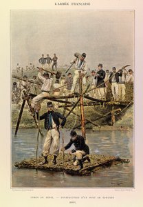 Typen en uniformen van het Franse leger van Kapitein Jules Richard, geïllustreerd door Edouard Detaille: Genie; Bouw van een fascinebrug in 1887, Privécollectie door Jean Baptiste Edouard Detaille
