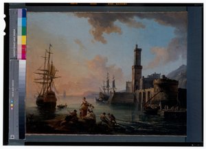 Vissers en courtisanes in een mediterrane haven bij zonsondergang