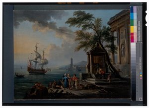 Turkse kooplieden in een mediterrane haven bij zonsopgang door Jean Baptiste Lallemand