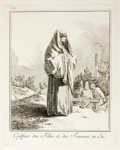 Hoofdtooi voor meisjes en vrouwen in de zomer, plaat drie uit Diverse Kledij van de Volkeren van het Noorden door Jean-Baptiste Le Prince