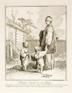Getrouwde vrouw en haar kinderen, plaat vijf uit Divers Habillements des Peuples du Nord door Jean-Baptiste Le Prince