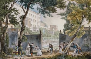 Galante scène bij de ingang van een villa in Rome, ca. 1820, gravure door Jean-Baptiste Thomas door Jean Baptiste Thomas