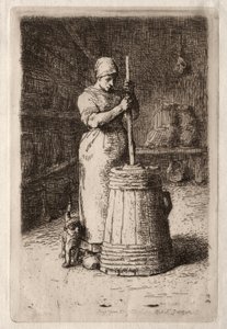 Een vrouw aan het karnen (ets)
