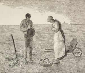 Angelus, boerenkoppel in velden door Jean Francois Millet