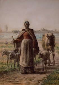 Boerin die haar koe en schapen naar de velden leidt