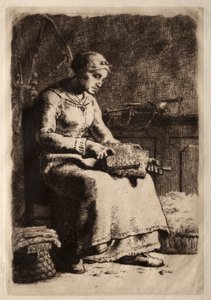 Vrouw kaarden (ets) door Jean-Francois Millet
