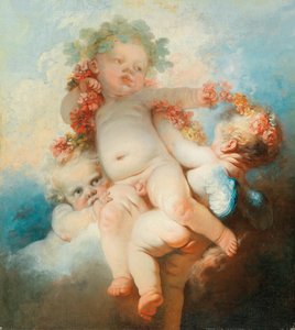 Drie putti omkranst met bloemen