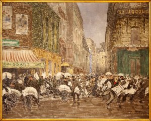 De uitgave van de avondkranten, rue du Croissant in 1914, Schilderij van Jean Louis (Jean-Louis) Lefort (1875-1954), met de activiteiten van de pers die traditioneel gevestigd was in een groot deel van het 2e arrondissement van de stad Parijs, In het café  door Jean Louis Lefort
