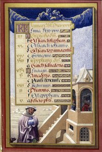 Januari: Huis in de winter (Waterman) - facsimile van de Getijden van Anne van Bretagne, door Jean Bourdichon door Jean (after) Bourdichon