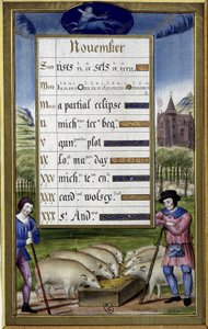 November en teken van boogschutter: varkensfokkerij - facsimile van de Getijden van Anne de Bretagne door Jean (after) Bourdichon