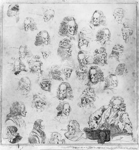 Verschillende gezichten in 30 Voltaire hoofden. Portretten van Francois Marie Arouet, genaamd Voltaire (1694-1778) 