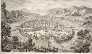 Tchao-Hoei Bezig met Oefeningen en Militaire Spelen in 1758, plaat 5 uit een serie prenten die de veroveringen van Qianlong, de Keizer van China, voorstellen, gegraveerd door Pierre Philippe Choffard, 1772 door Jean (d.1781) (after) Damascene