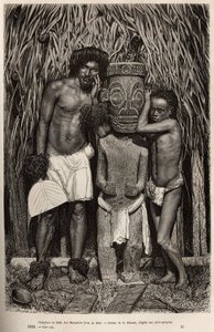 Een inwoner van het eiland Hiva-Oa en zijn zoon, omringend een gesneden houten idool dat de god Tiki voorstelt, in de archipel van de Marquesas-eilanden, gegraveerd naar een tekening van A. Rixens ter illustratie van de herinneringen aan de Stille Oceaan, 