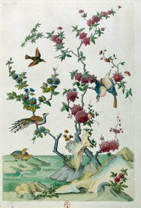 Tekening van een Chinese vaas: vogels en bloemen. Schilderij door Jean Antoine Fraisse (18e eeuw)