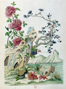 Tekening van een Chinese vaas: bloemen in een landschap