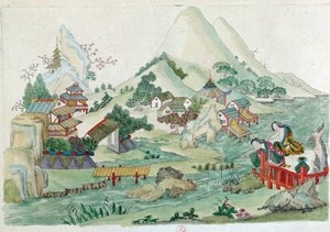 Tekening van een Chinese vaas: landschap met rivier en figuren