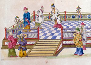 Tekening van een Chinese vaas: scène in het paleis. Schilderij door Jean Antoine Fraisse (18e eeuw)