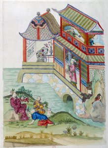 Huis aan de rivier. Tekening afkomstig van een Chinese vaas