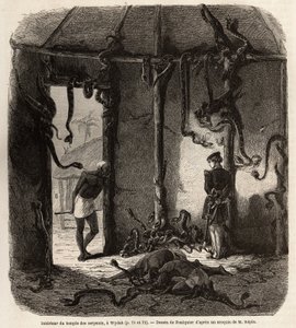 Binnen in de tempel van fetisjslangen, in Wydah, in Dahomey (het huidige Benin), tekening door Jean Antoine Foulquier (1822-1896), ter illustratie van de reis van Dr. Repin naar Dahomey in 1860. Gravure in "Le tour du monde", uitgegeven door Edouard Charto door Jean Antoine Valentin Foulquier
