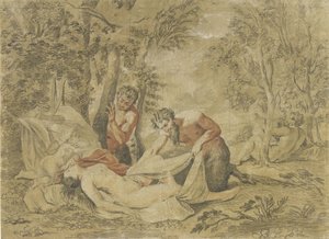 Twee saters bespieden een slapende nimf door Jean Antoine Watteau (rejected attribution)
