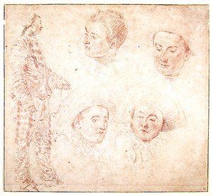 Een Karakter en Vier Hoofden door Jean Antoine Watteau