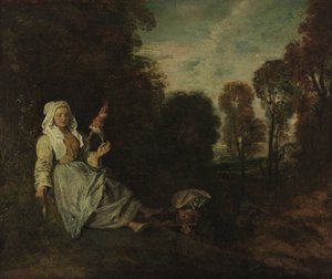 Avondlandschap met spinner door Jean Antoine Watteau