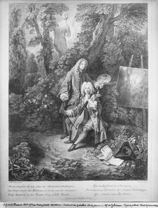 Jean Antoine Watteau en zijn vriend Monsieur de Julienne, gegraveerd door Nicolas Henri Tardieu (1674-1749)