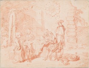 Kaartspelende soldaten voor een muur. 1709/10