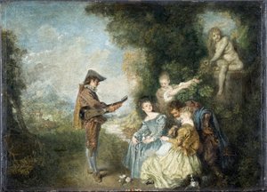 De liefdesles (scène in een tuin met standbeeld en muzikant)
