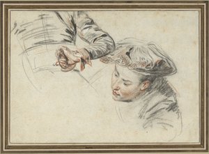 Manskop met baret en een hand aan een gevest door Jean Antoine Watteau